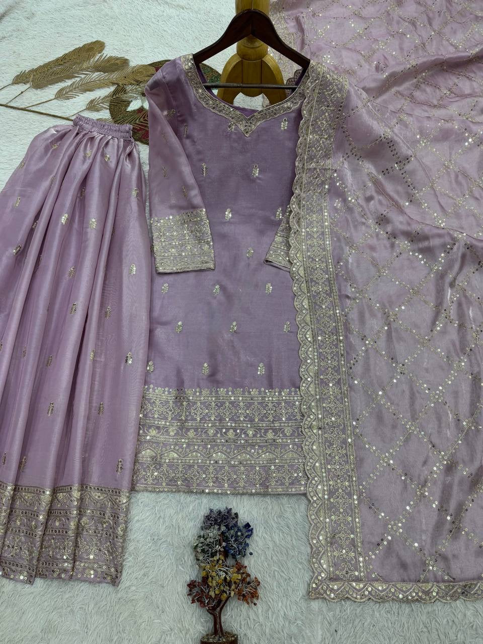 Lavender Embroidery Sequins Sharara Suit with Dupatta