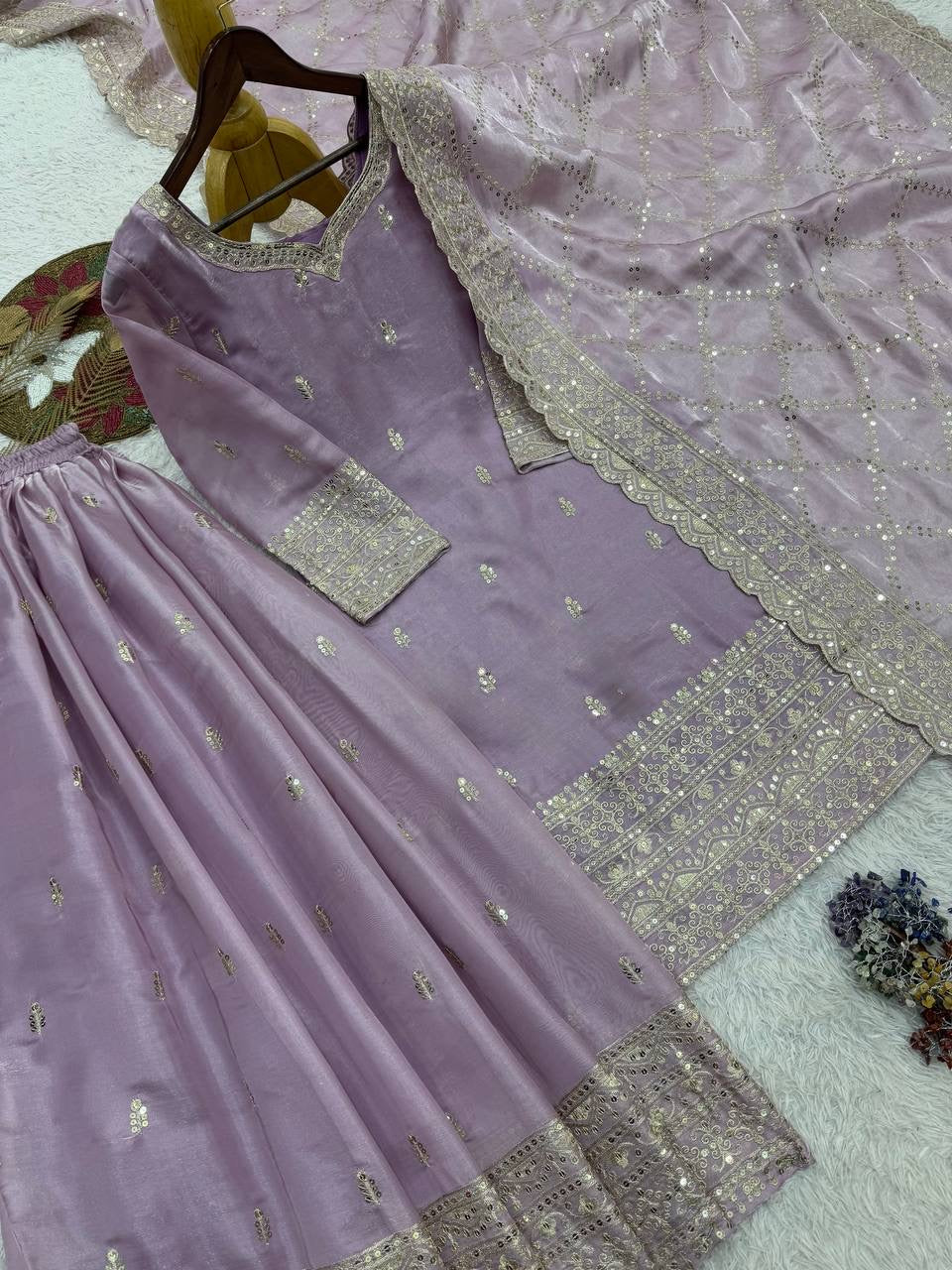 Lavender Embroidery Sequins Sharara Suit with Dupatta