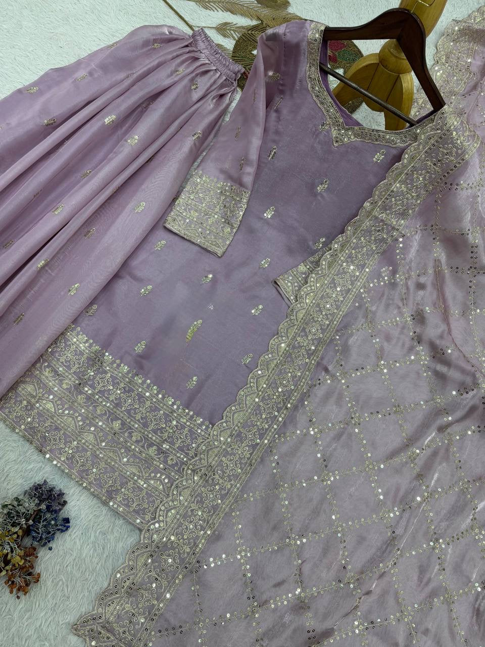 Lavender Embroidery Sequins Sharara Suit with Dupatta