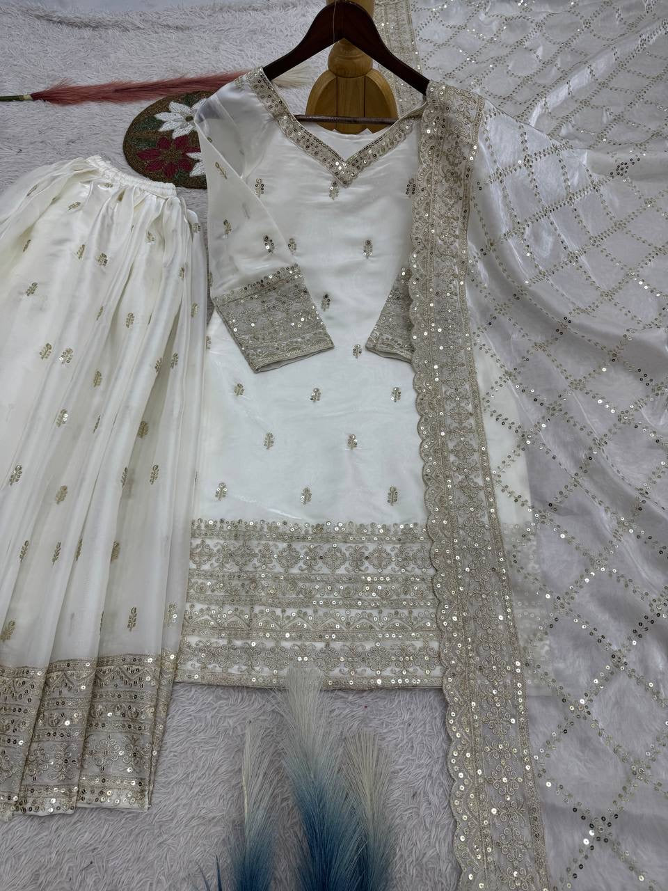 White Embroidery Sequins Sharara Suit with Dupatta