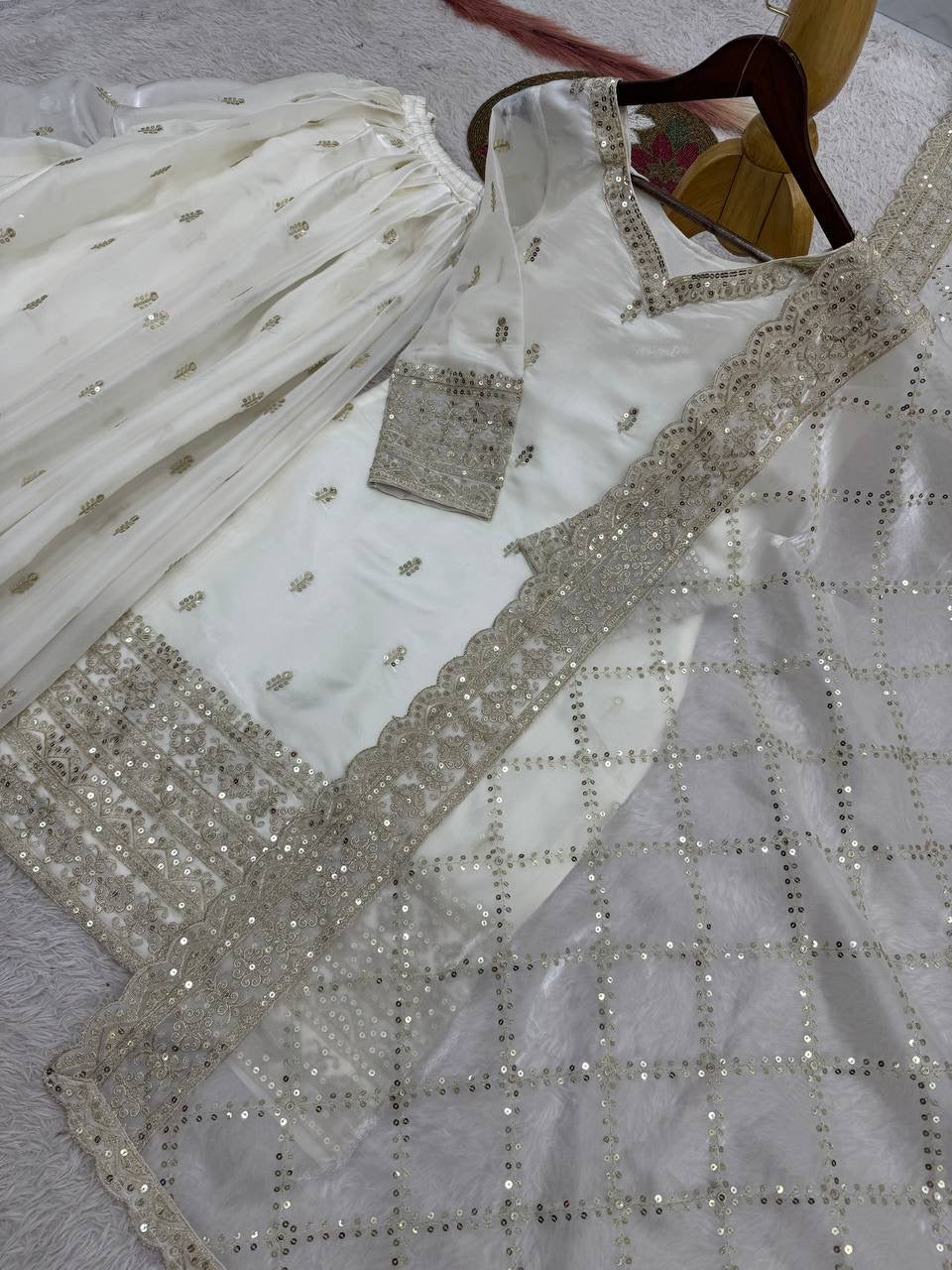 White Embroidery Sequins Sharara Suit with Dupatta
