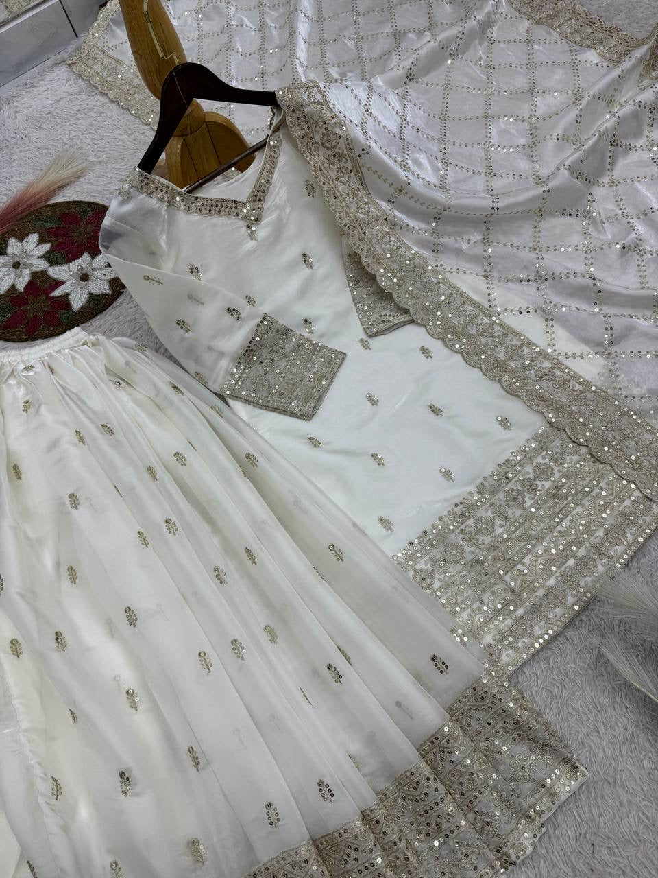 White Embroidery Sequins Sharara Suit with Dupatta