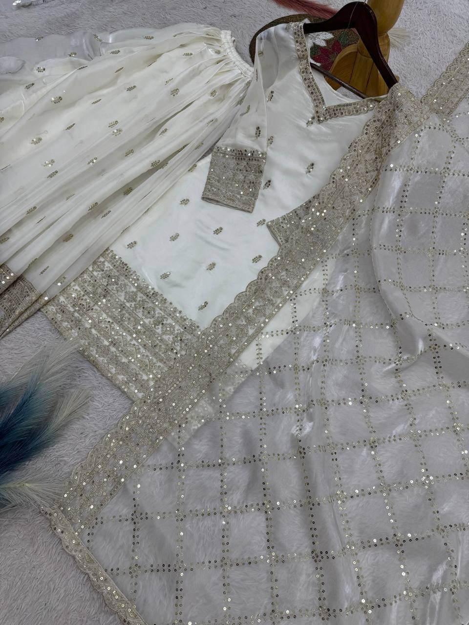 White Embroidery Sequins Sharara Suit with Dupatta