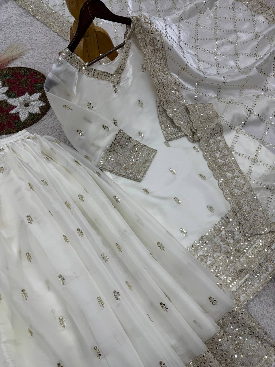 White Embroidery Sequins Sharara Suit with Dupatta