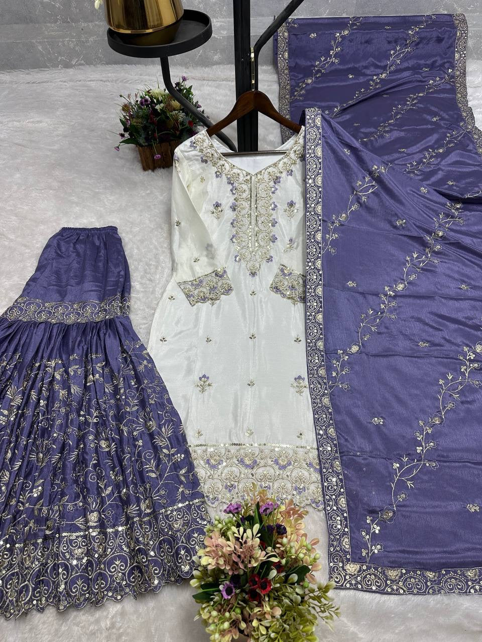 White & Deep Lavender Embroidered Sharara Suit with Dupatta
