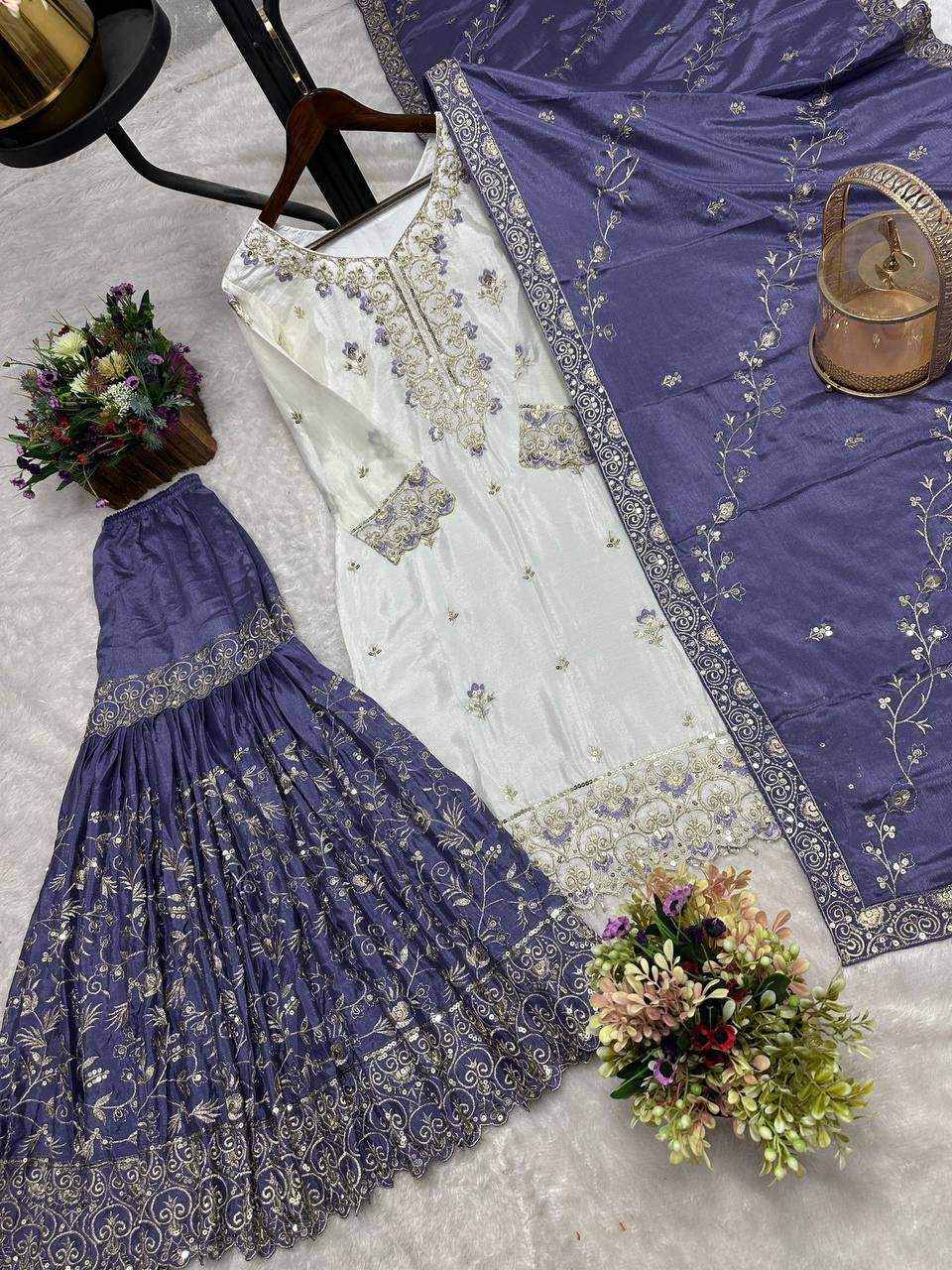 White & Deep Lavender Embroidered Sharara Suit with Dupatta