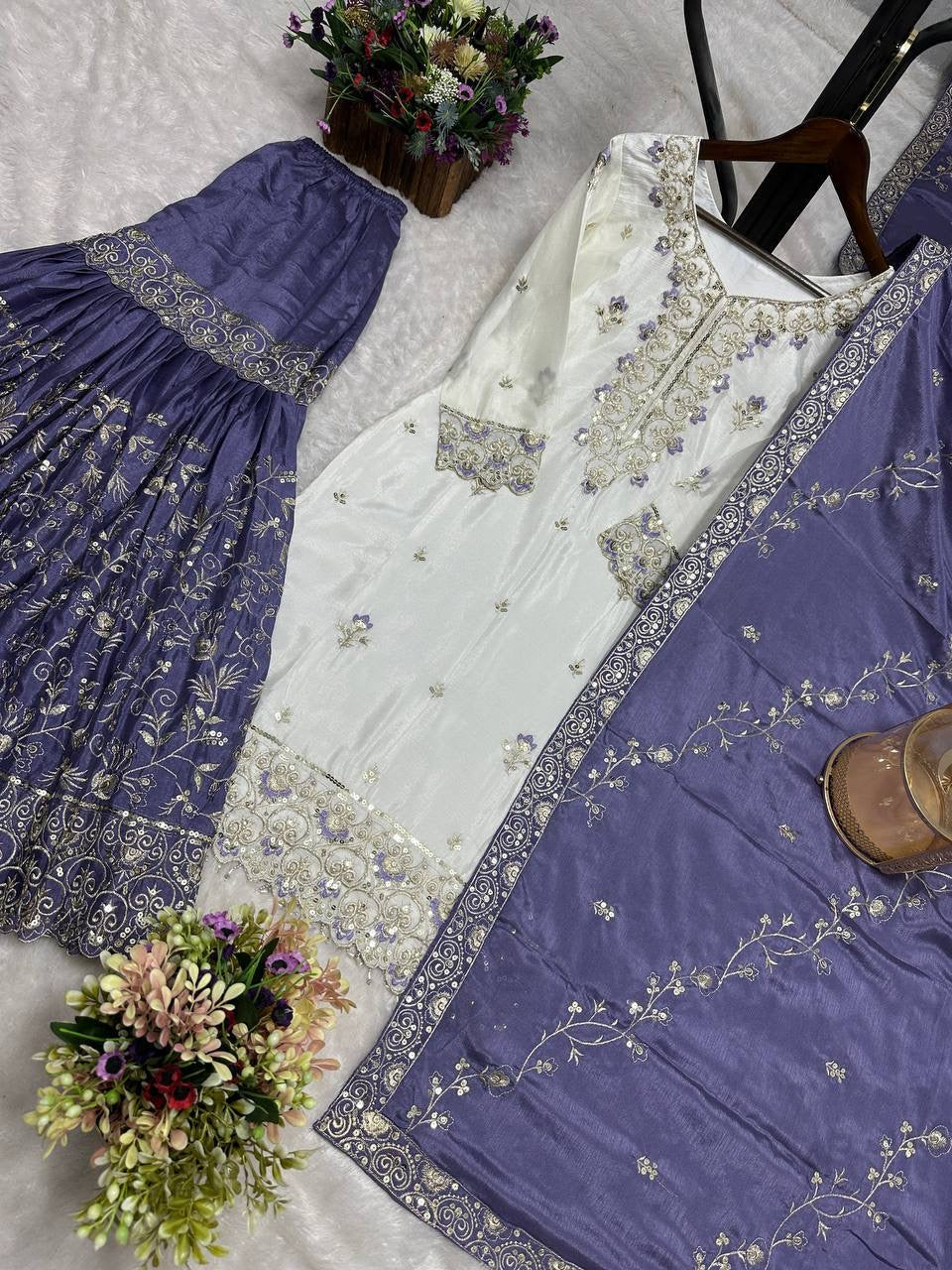 White & Deep Lavender Embroidered Sharara Suit with Dupatta