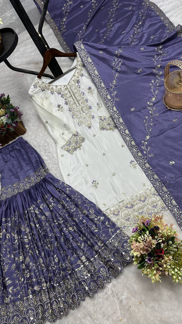 White & Deep Lavender Embroidered Sharara Suit with Dupatta