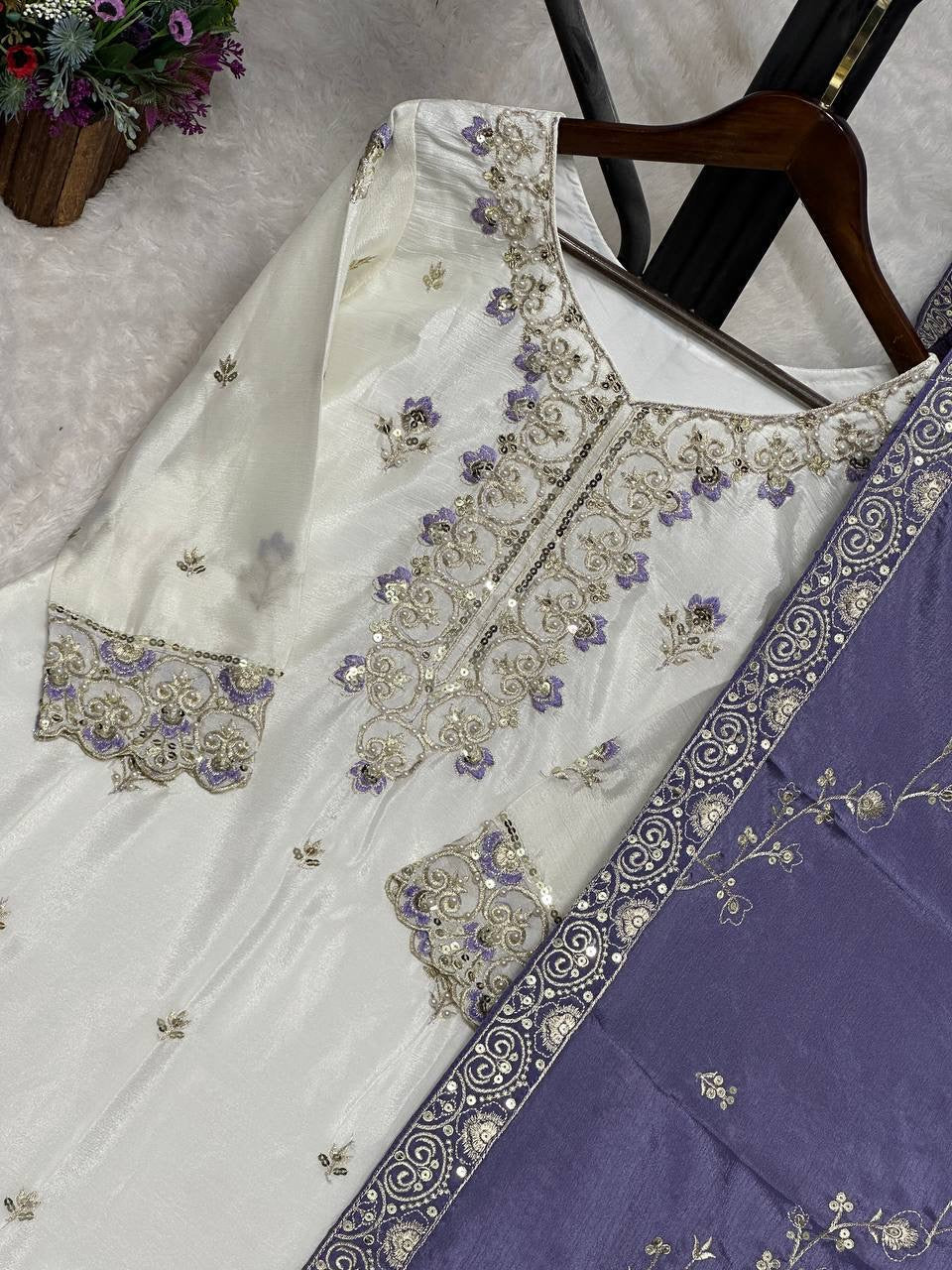 White & Deep Lavender Embroidered Sharara Suit with Dupatta