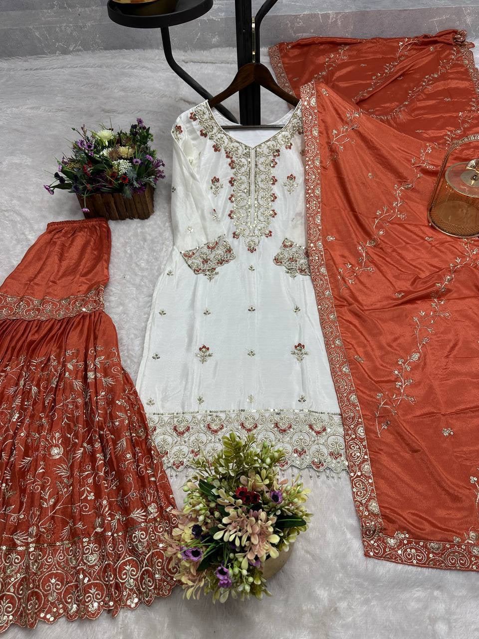 White & Orange Embroidered Sharara Suit with Dupatta