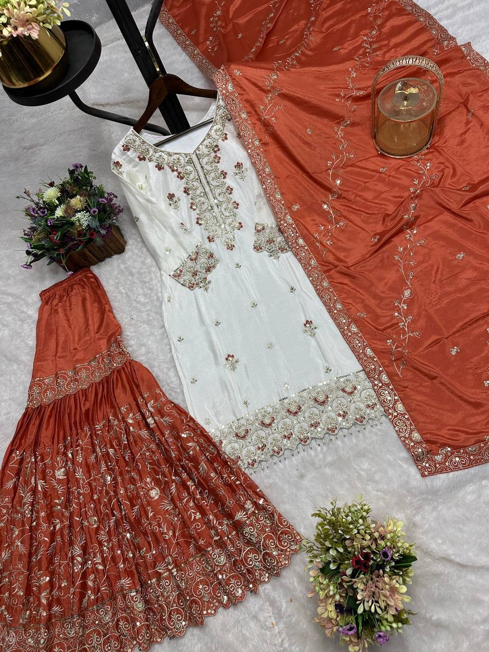 White & Orange Embroidered Sharara Suit with Dupatta