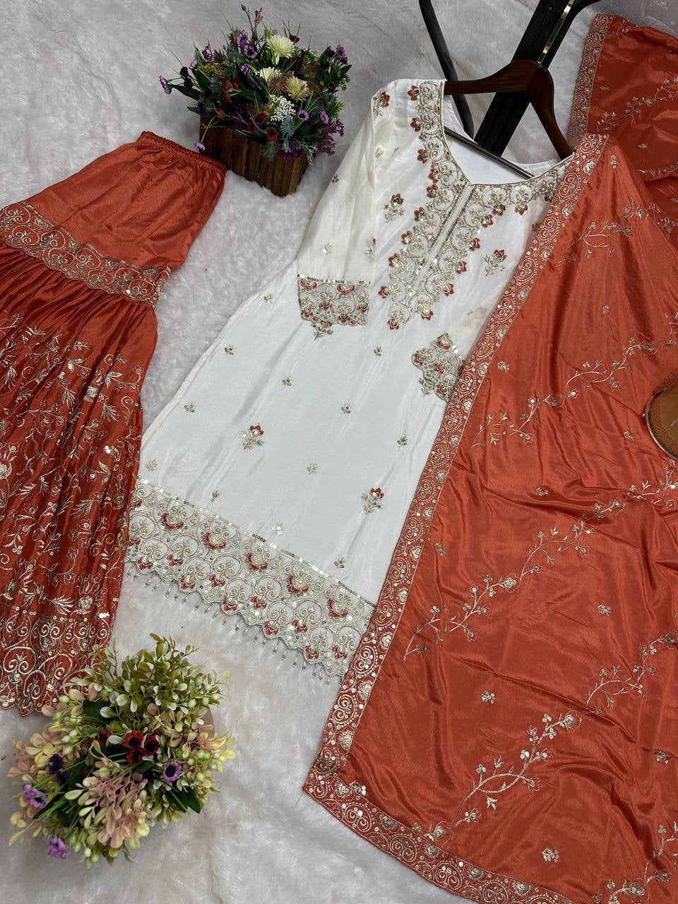 White & Orange Embroidered Sharara Suit with Dupatta