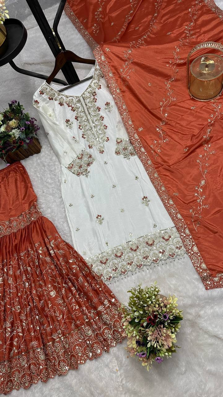 White & Orange Embroidered Sharara Suit with Dupatta