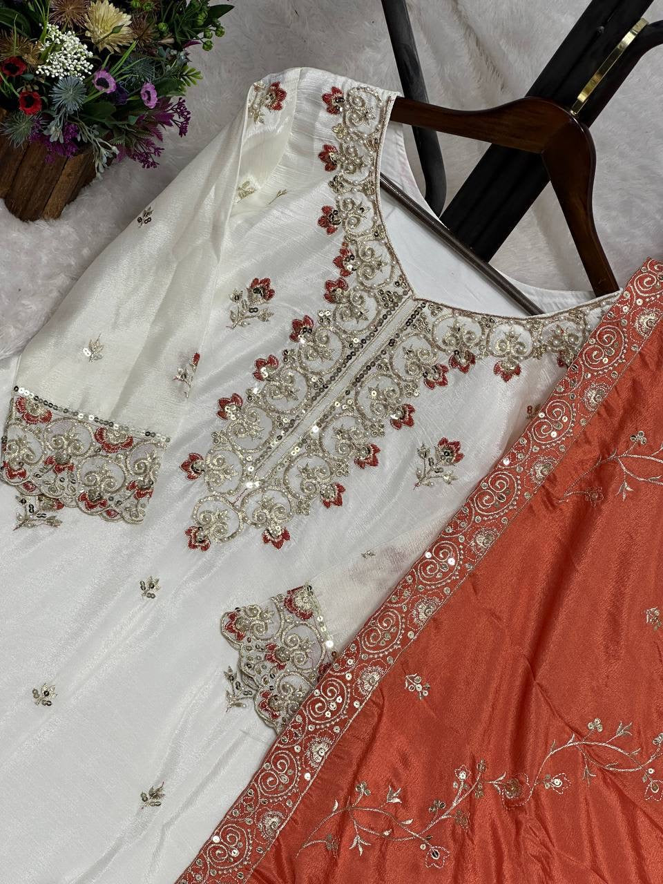 White & Orange Embroidered Sharara Suit with Dupatta