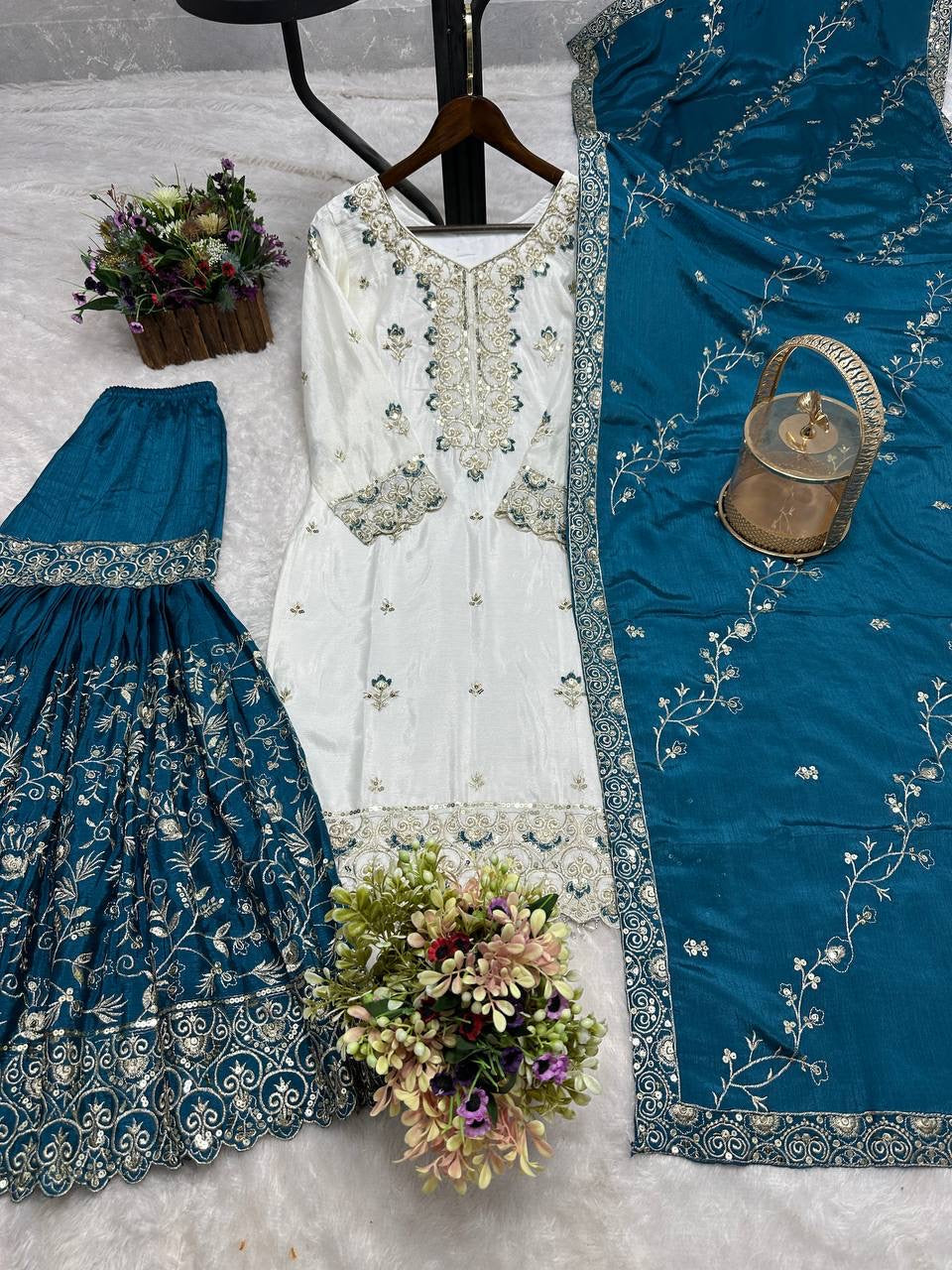 White & Teal Blue Embroidered Sharara Suit with Dupatta