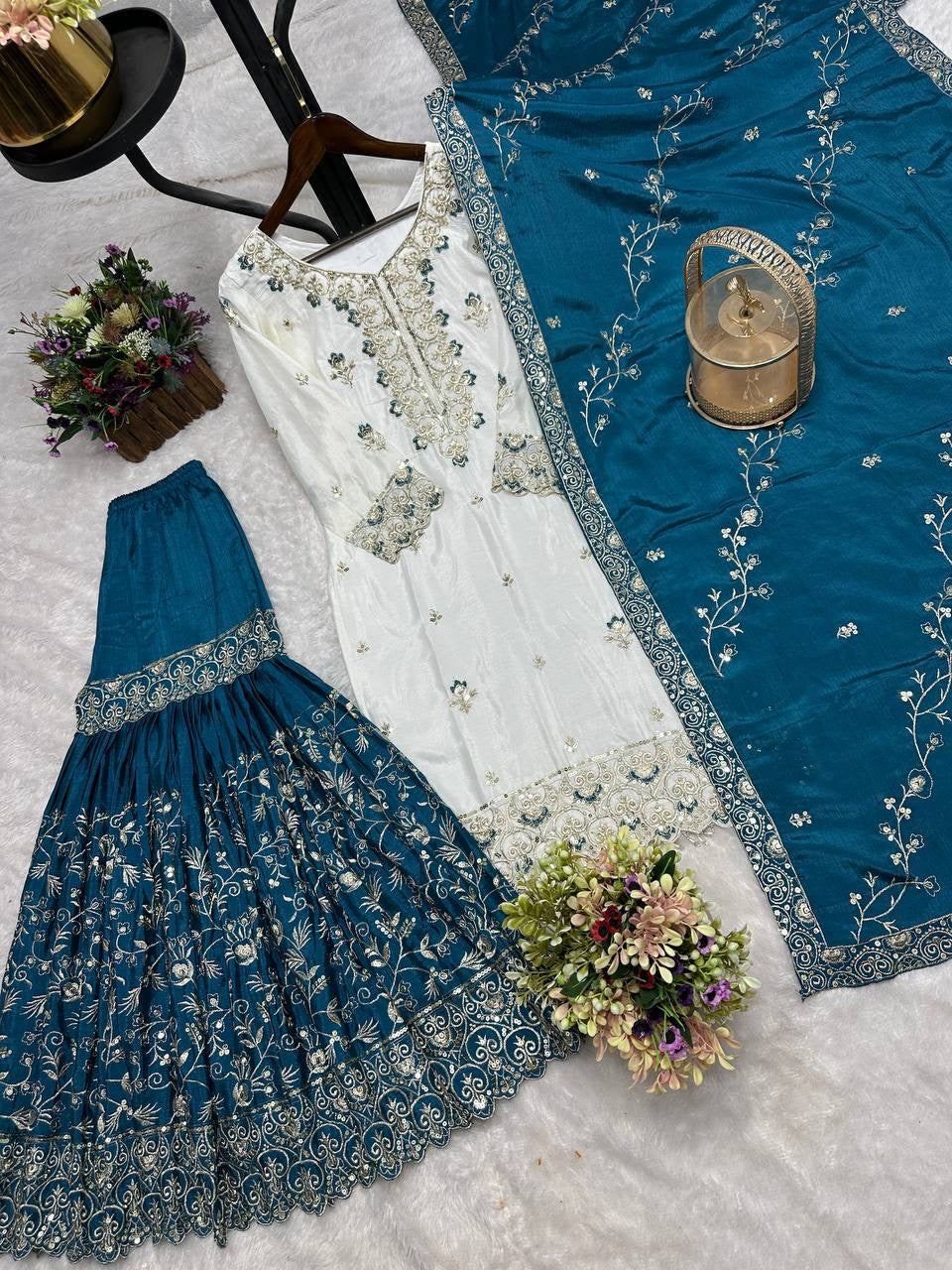 White & Teal Blue Embroidered Sharara Suit with Dupatta