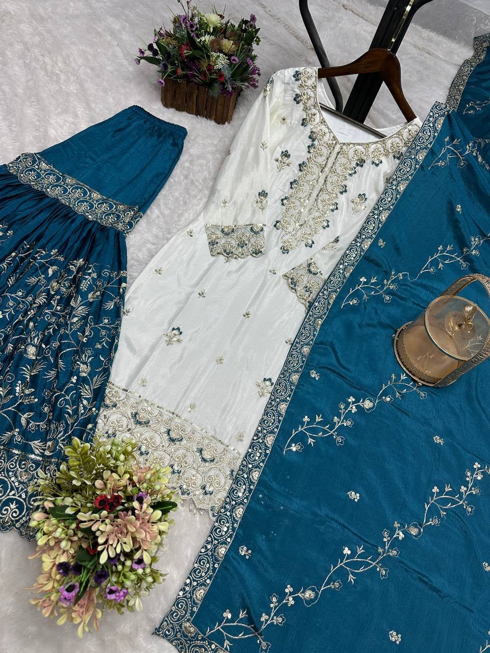 White & Teal Blue Embroidered Sharara Suit with Dupatta