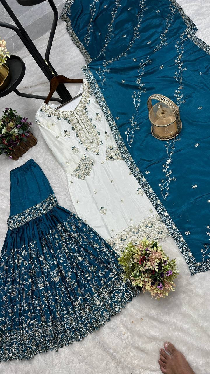 White & Teal Blue Embroidered Sharara Suit with Dupatta