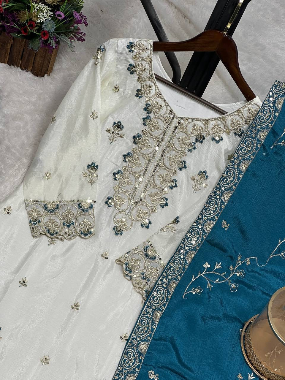 White & Teal Blue Embroidered Sharara Suit with Dupatta