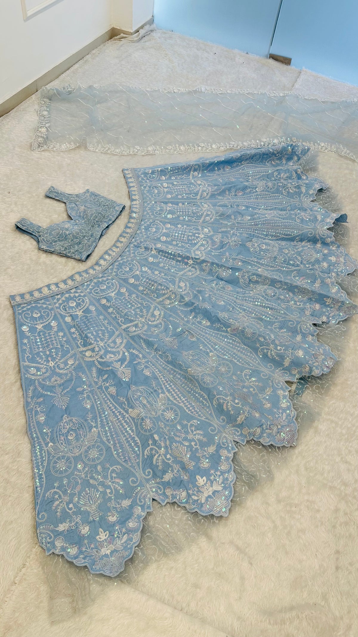 Ice Blue Sequin Party Wear Lehenga Choli