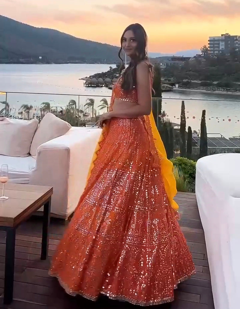 Orange Color Wedding Wear Designer Sequence Work Designer Lehenga Choli