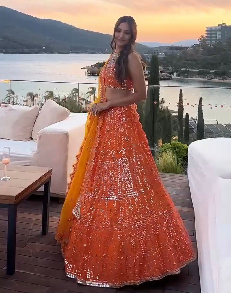 Orange Color Wedding Wear Designer Sequence Work Designer Lehenga Choli