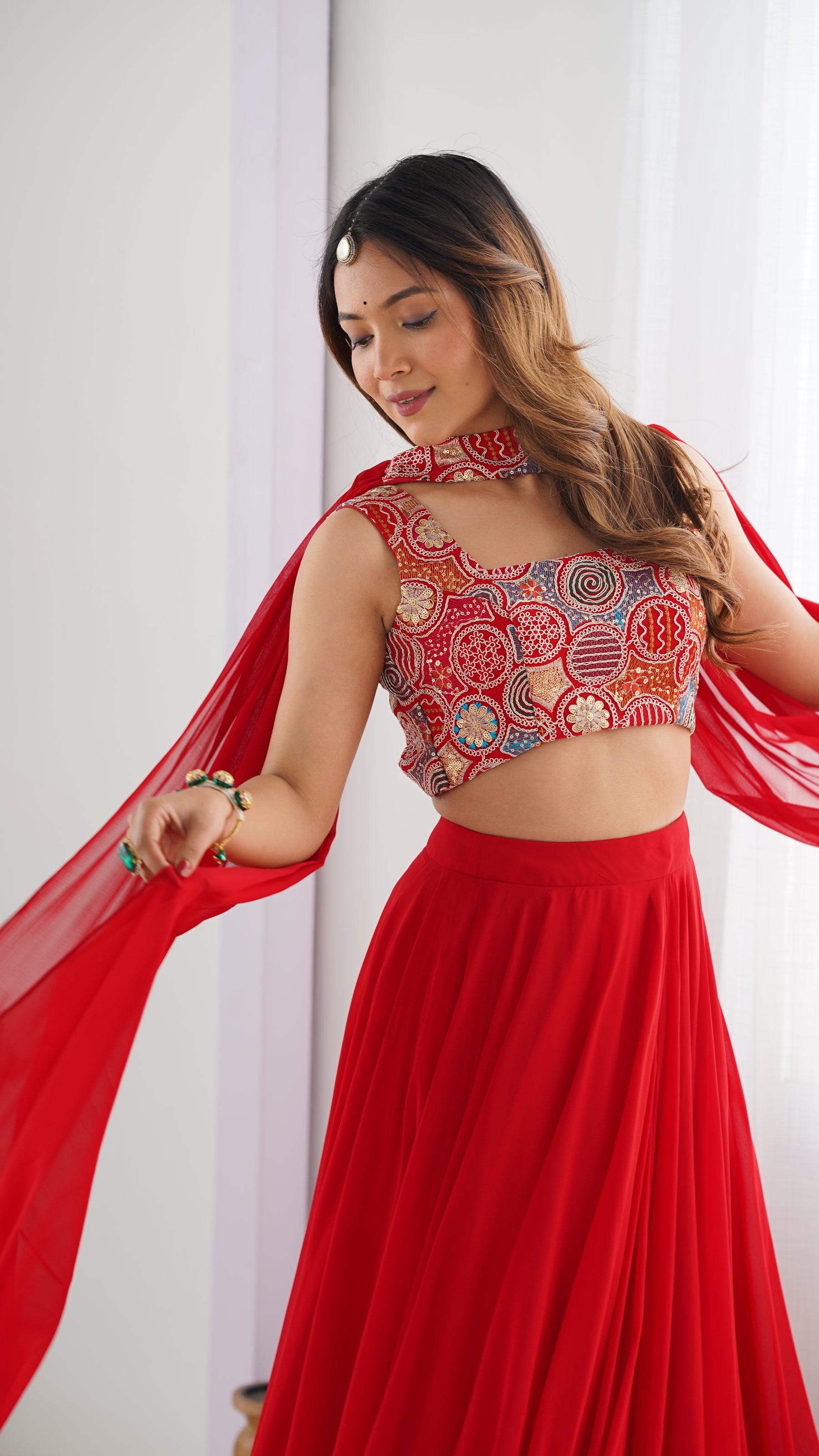 Red Color Embroidery Sequins work Georgette Lehenga Choli