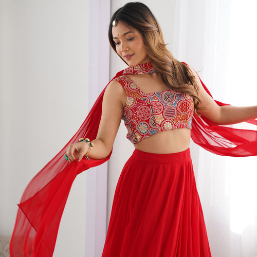 Red Color Embroidery Sequins work Georgette Lehenga Choli