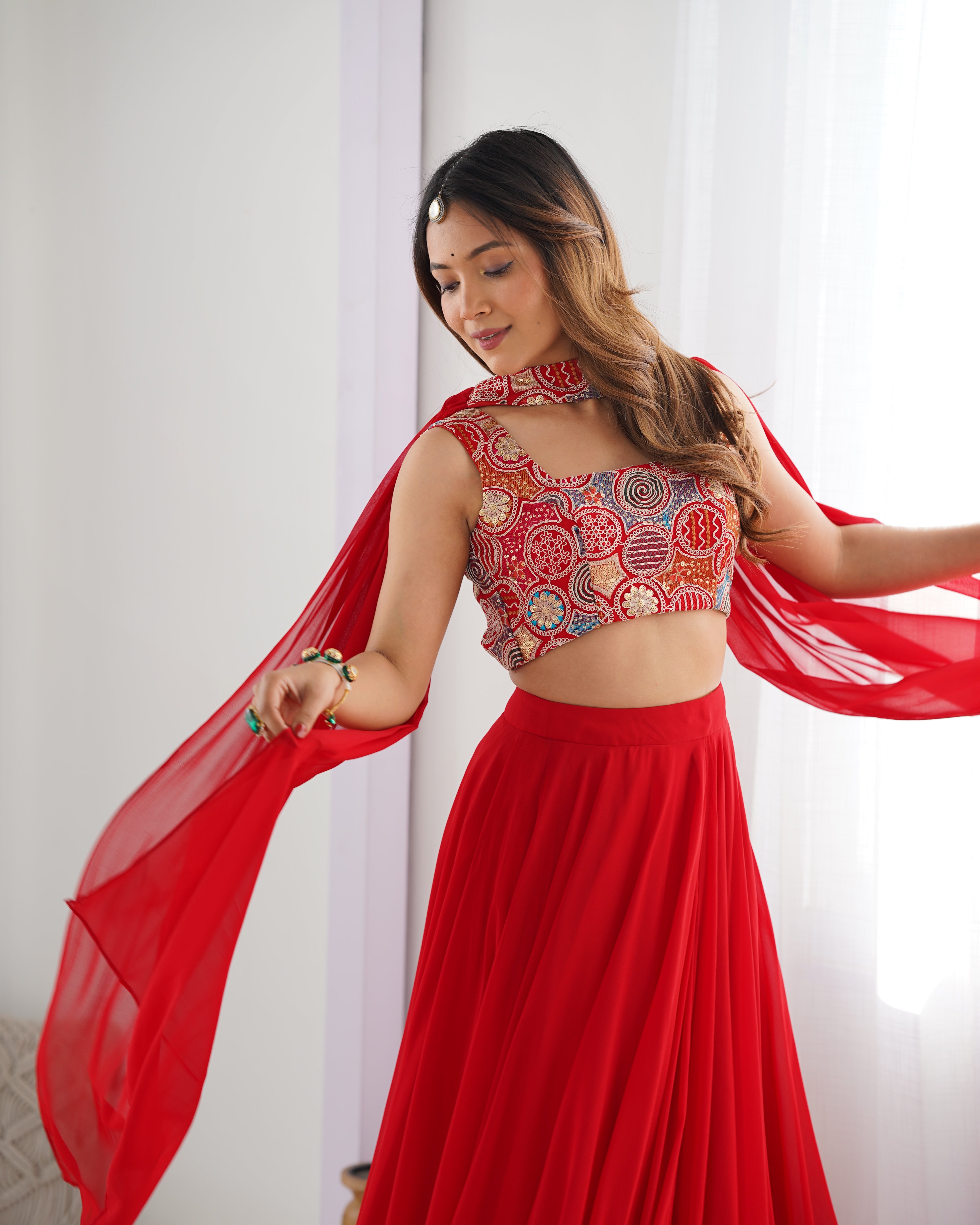 Red Color Embroidery Sequins work Georgette Lehenga Choli