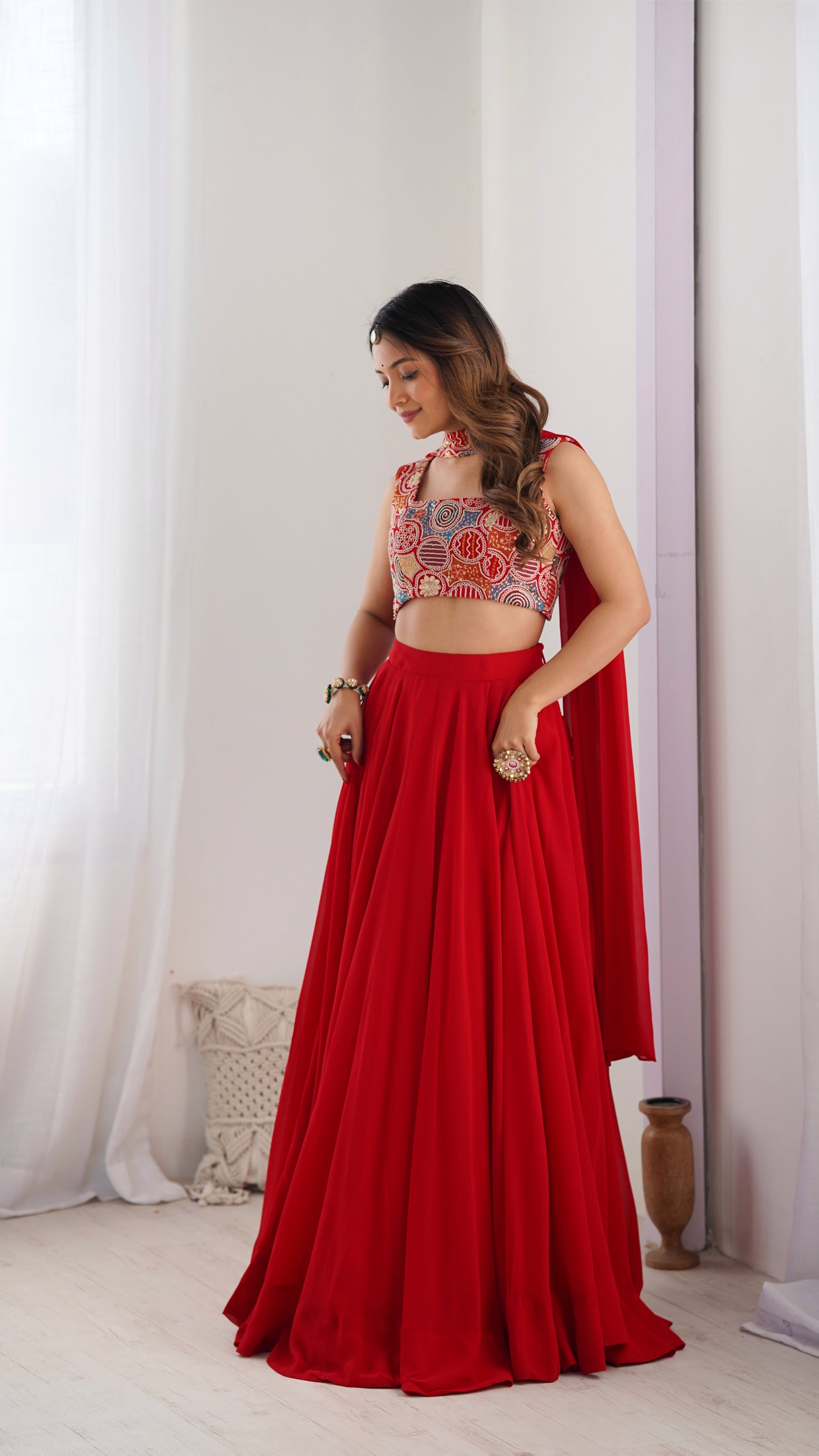 Red Color Embroidery Sequins work Georgette Lehenga Choli