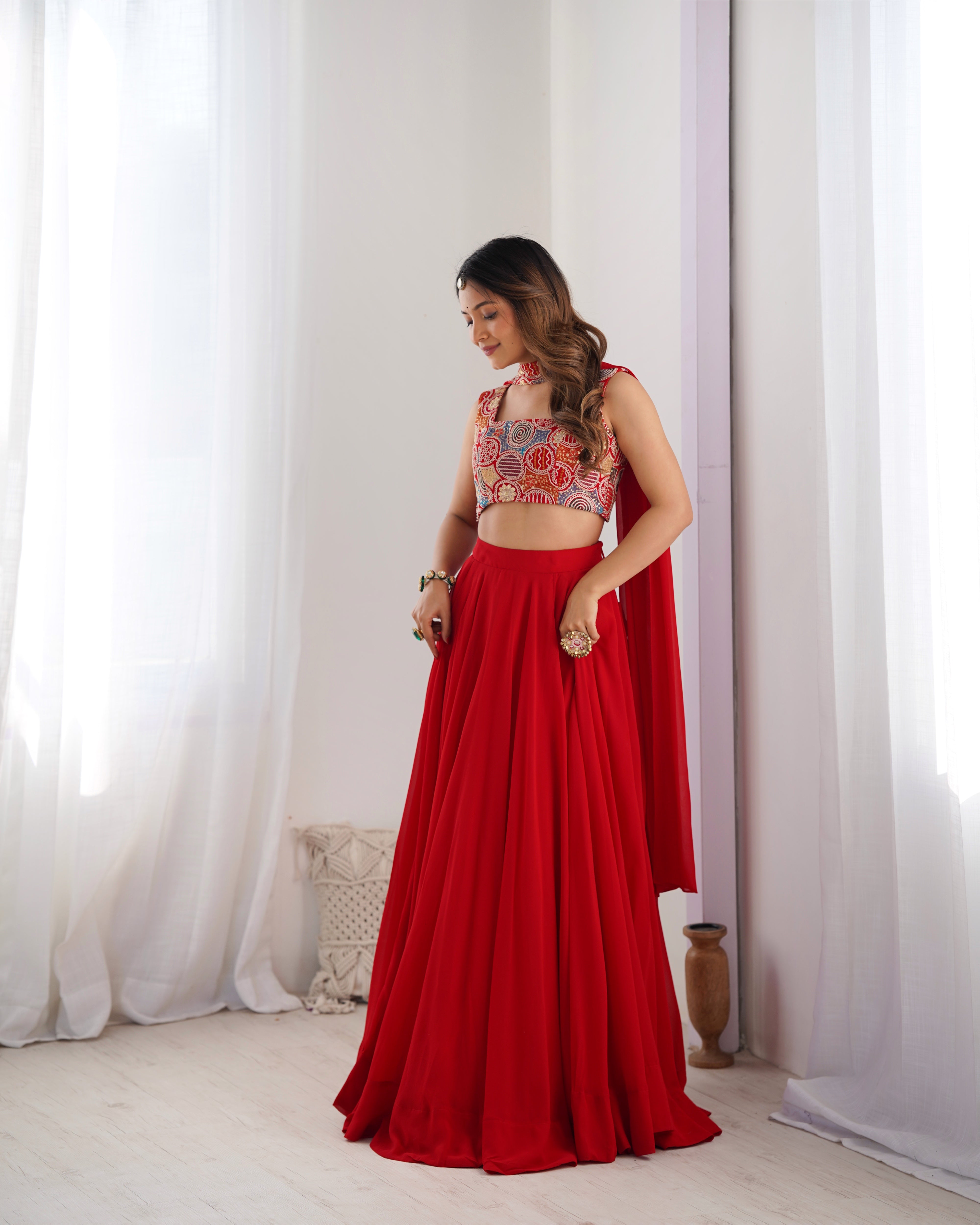 Red Color Embroidery Sequins work Georgette Lehenga Choli