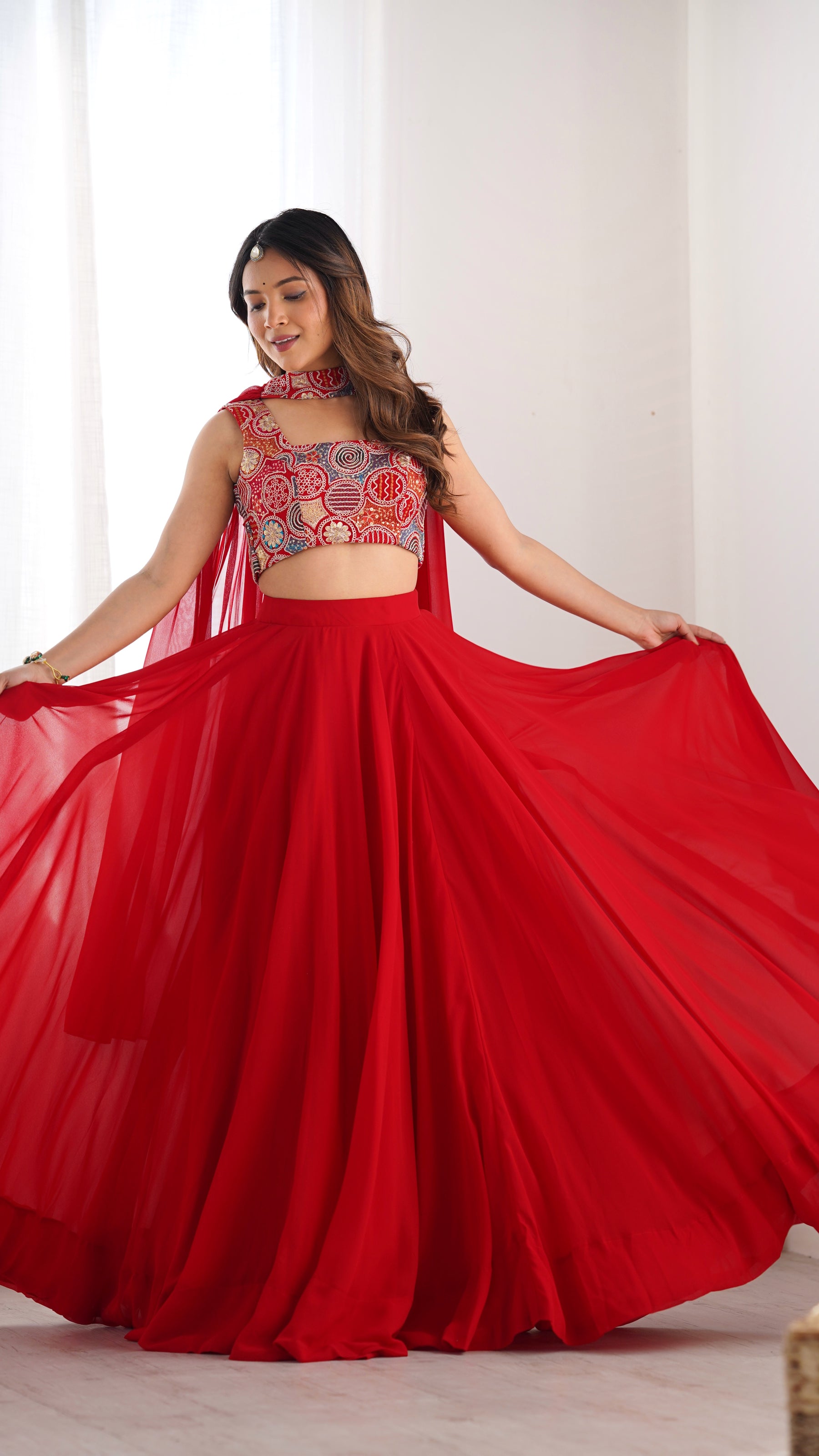 Red Color Embroidery Sequins work Georgette Lehenga Choli