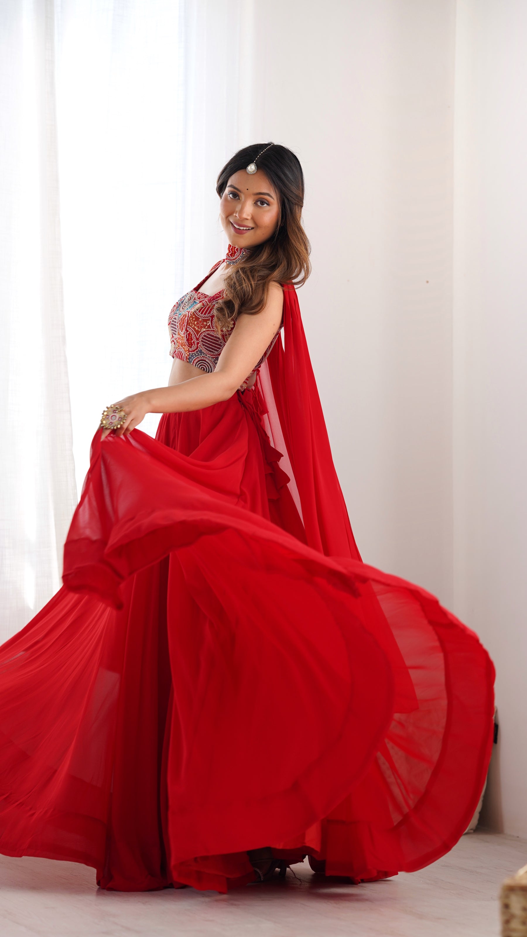 Red Color Embroidery Sequins work Georgette Lehenga Choli