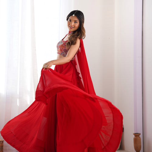 Red Color Embroidery Sequins work Georgette Lehenga Choli