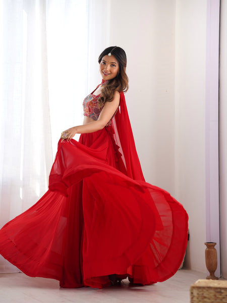 Red Color Embroidery Sequins work Georgette Lehenga Choli