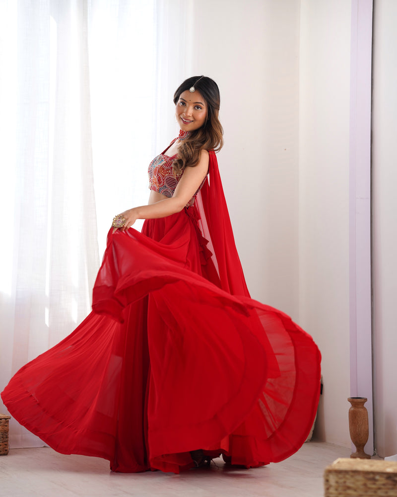 Red Color Embroidery Sequins work Georgette Lehenga Choli