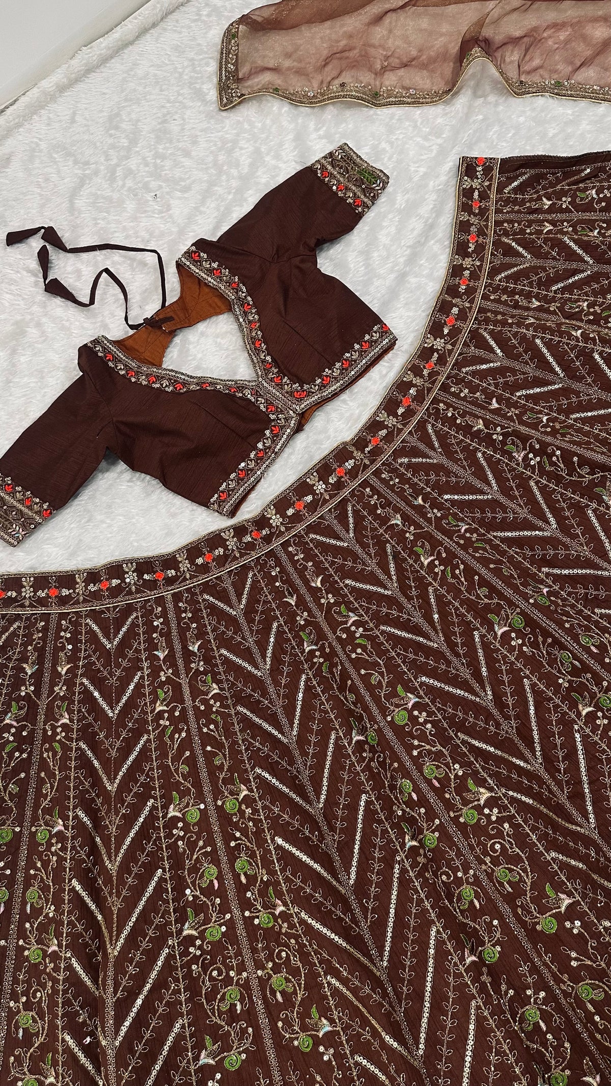 Chocolate Brown Sequin Embroidered Wedding Lehenga Choli