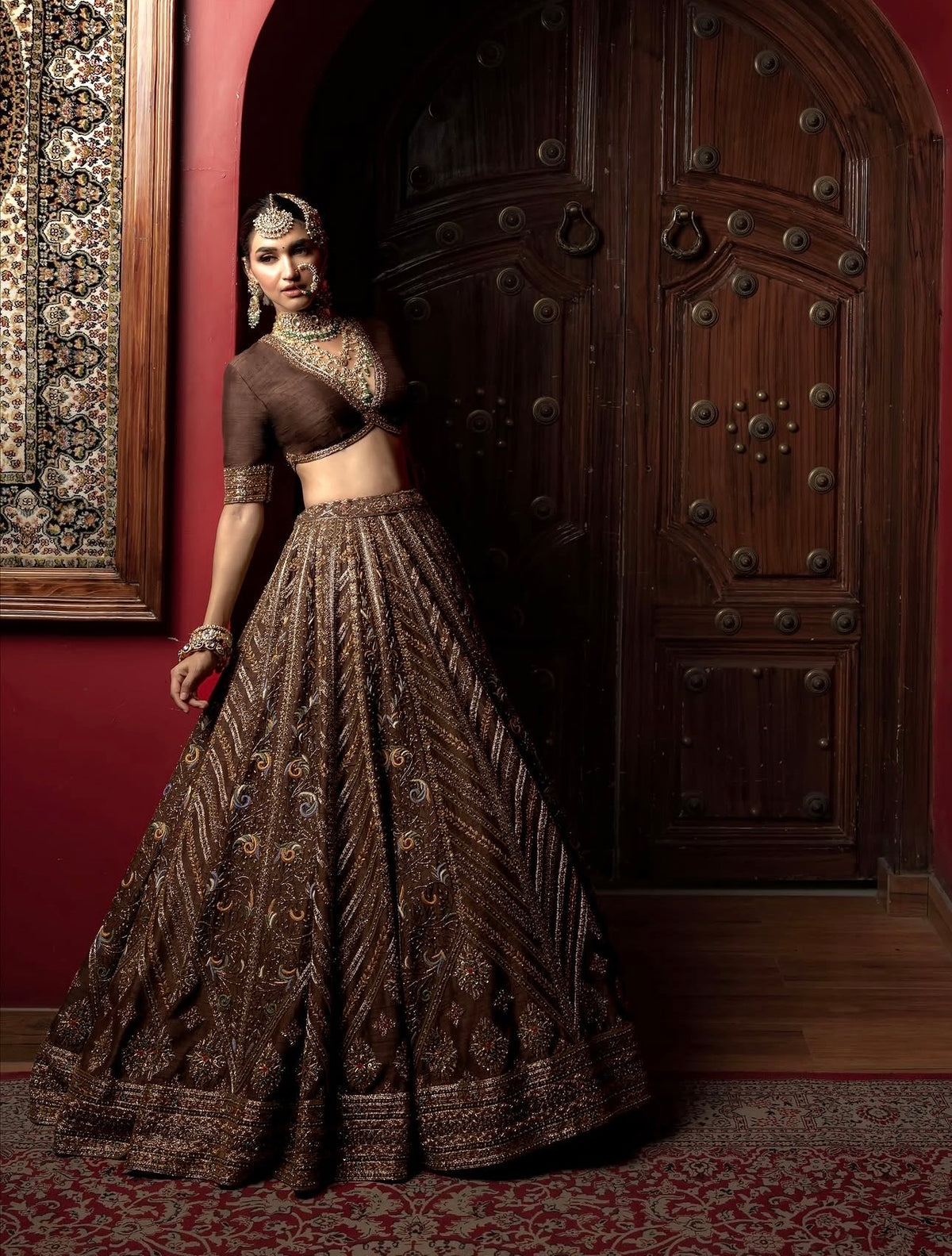 Chocolate Brown Sequin Embroidered Wedding Lehenga Choli