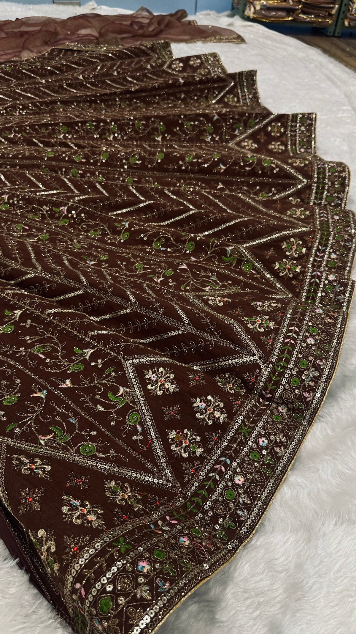 Chocolate Brown Sequin Embroidered Wedding Lehenga Choli