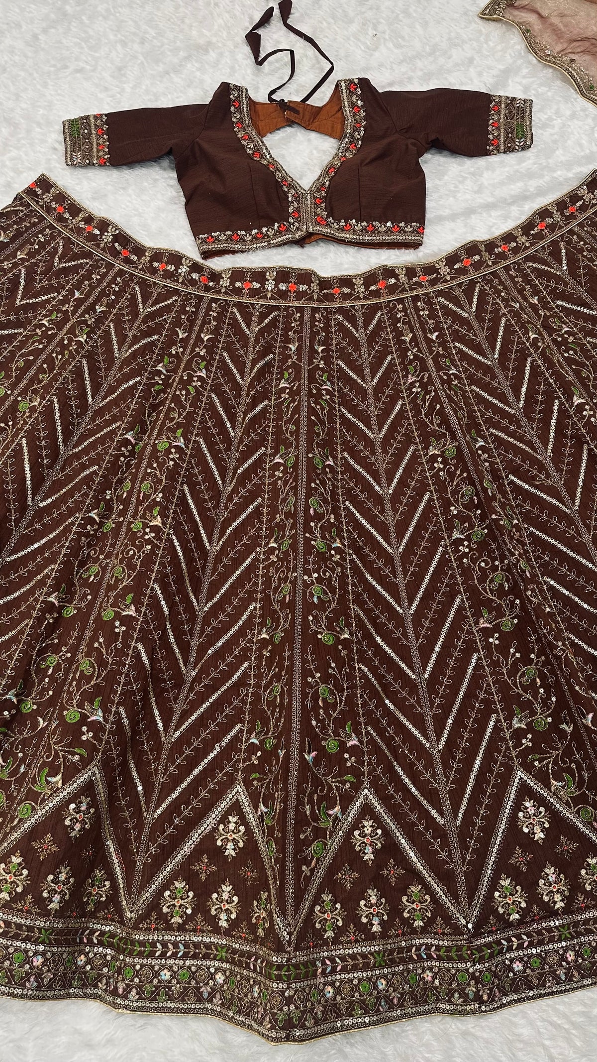 Chocolate Brown Sequin Embroidered Wedding Lehenga Choli