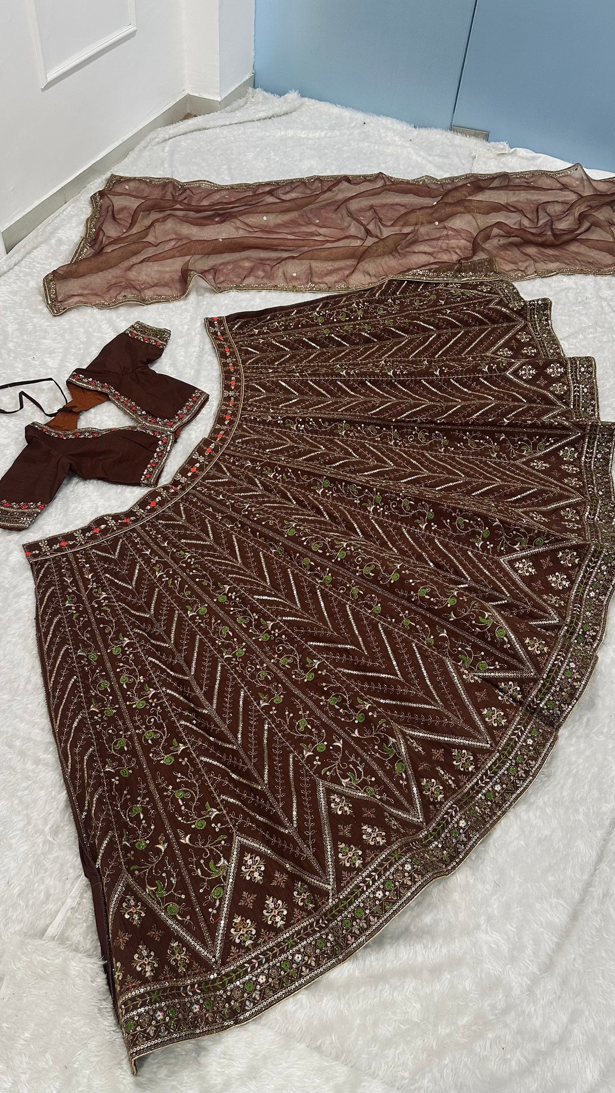 Chocolate Brown Sequin Embroidered Wedding Lehenga Choli