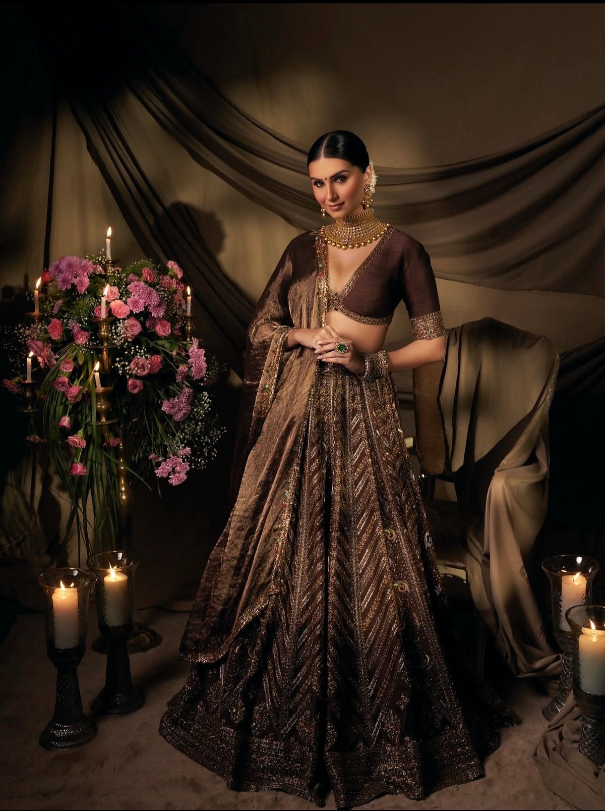 Chocolate Brown Sequin Embroidered Wedding Lehenga Choli