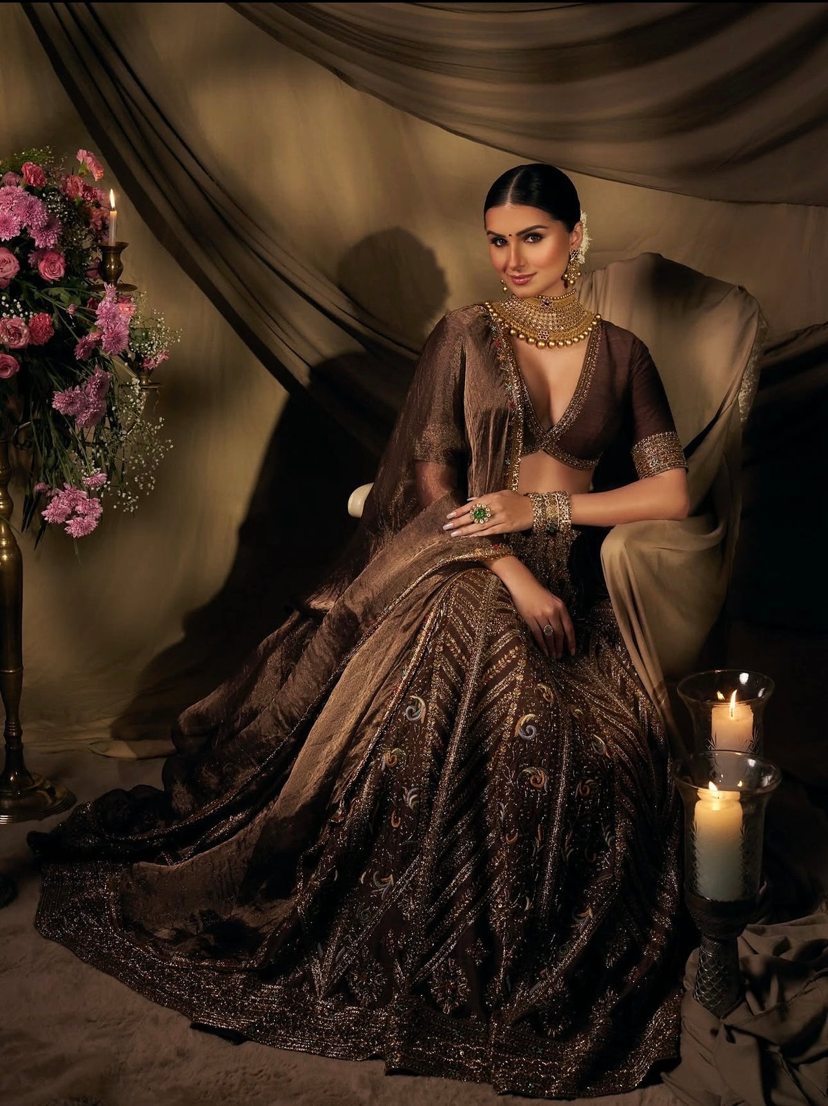 Chocolate Brown Sequin Embroidered Wedding Lehenga Choli