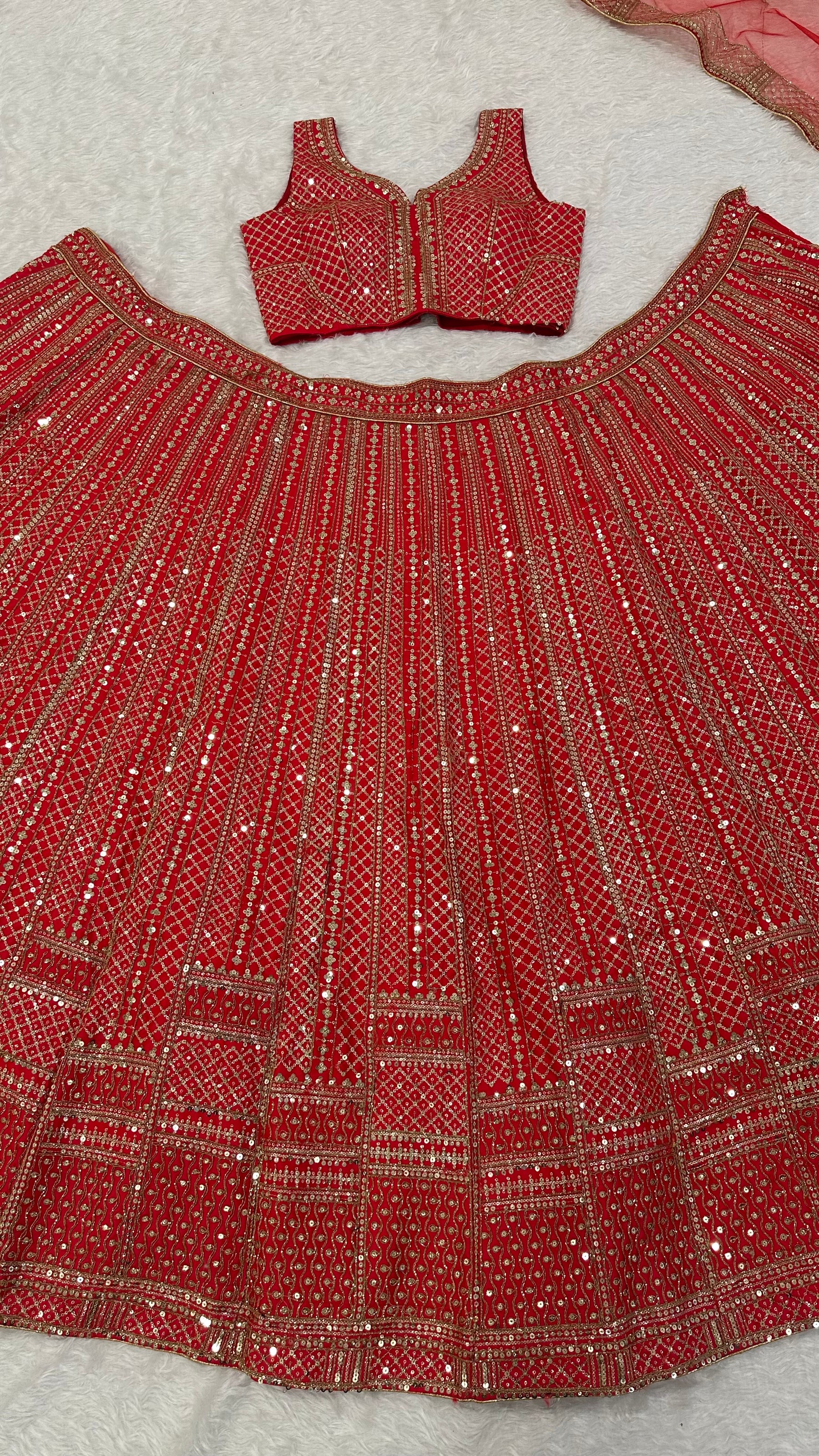 Red Color Heavy Sequence Work Designer Wedding Wear Lehenga