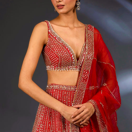 Red Color Heavy Sequence Work Designer Wedding Wear Lehenga