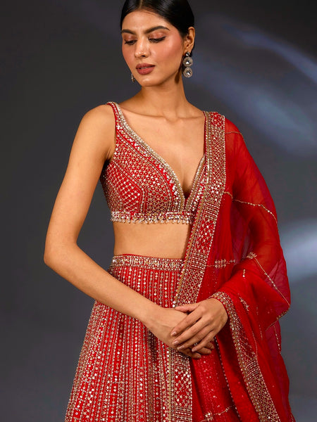 Red Color Heavy Sequence Work Designer Wedding Wear Lehenga