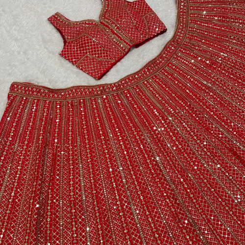 Red Color Heavy Sequence Work Designer Wedding Wear Lehenga