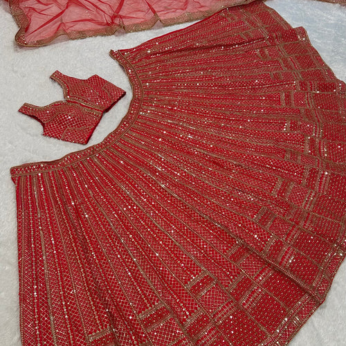 Red Color Heavy Sequence Work Designer Wedding Wear Lehenga