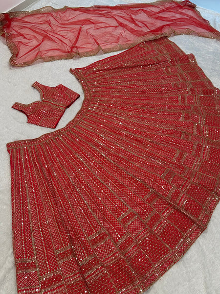 Red Color Heavy Sequence Work Designer Wedding Wear Lehenga