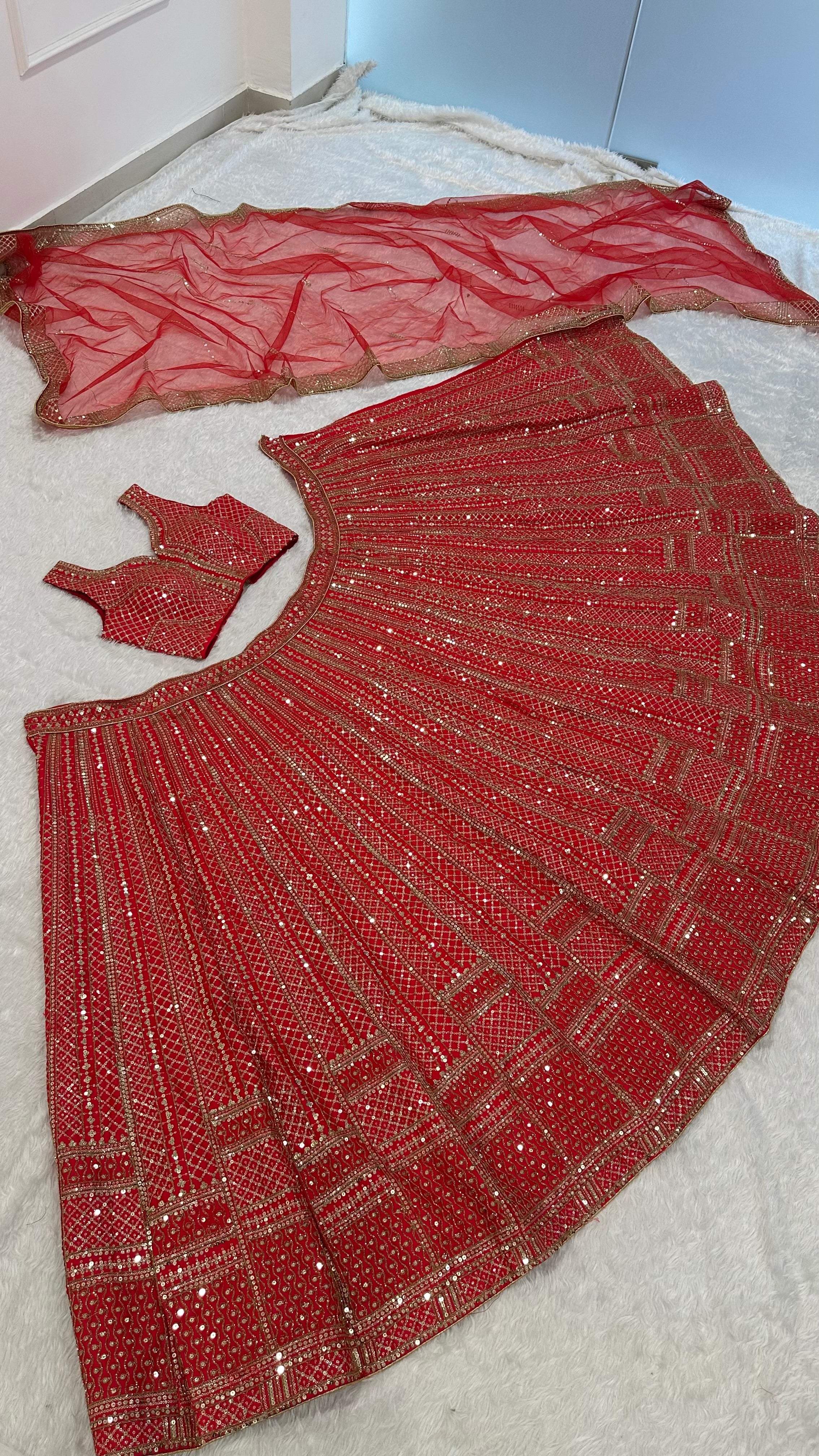 Red Color Heavy Sequence Work Designer Wedding Wear Lehenga